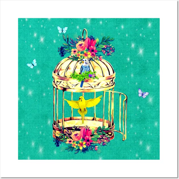 Bird Cage and Budgerigars aka Parakeets Wall Art by KC Morcom aka KCM Gems n Bling aka KCM Inspirations